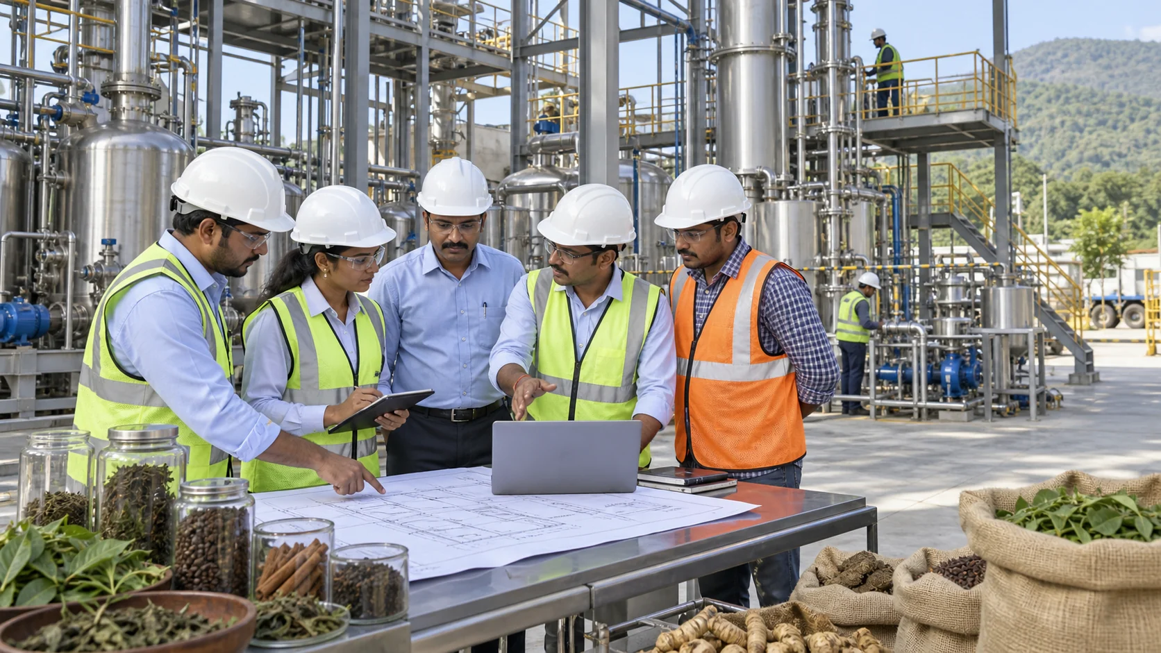 Indian EPC and process-engineering teams coordinating a botanical-extraction and food-processing plant installation.