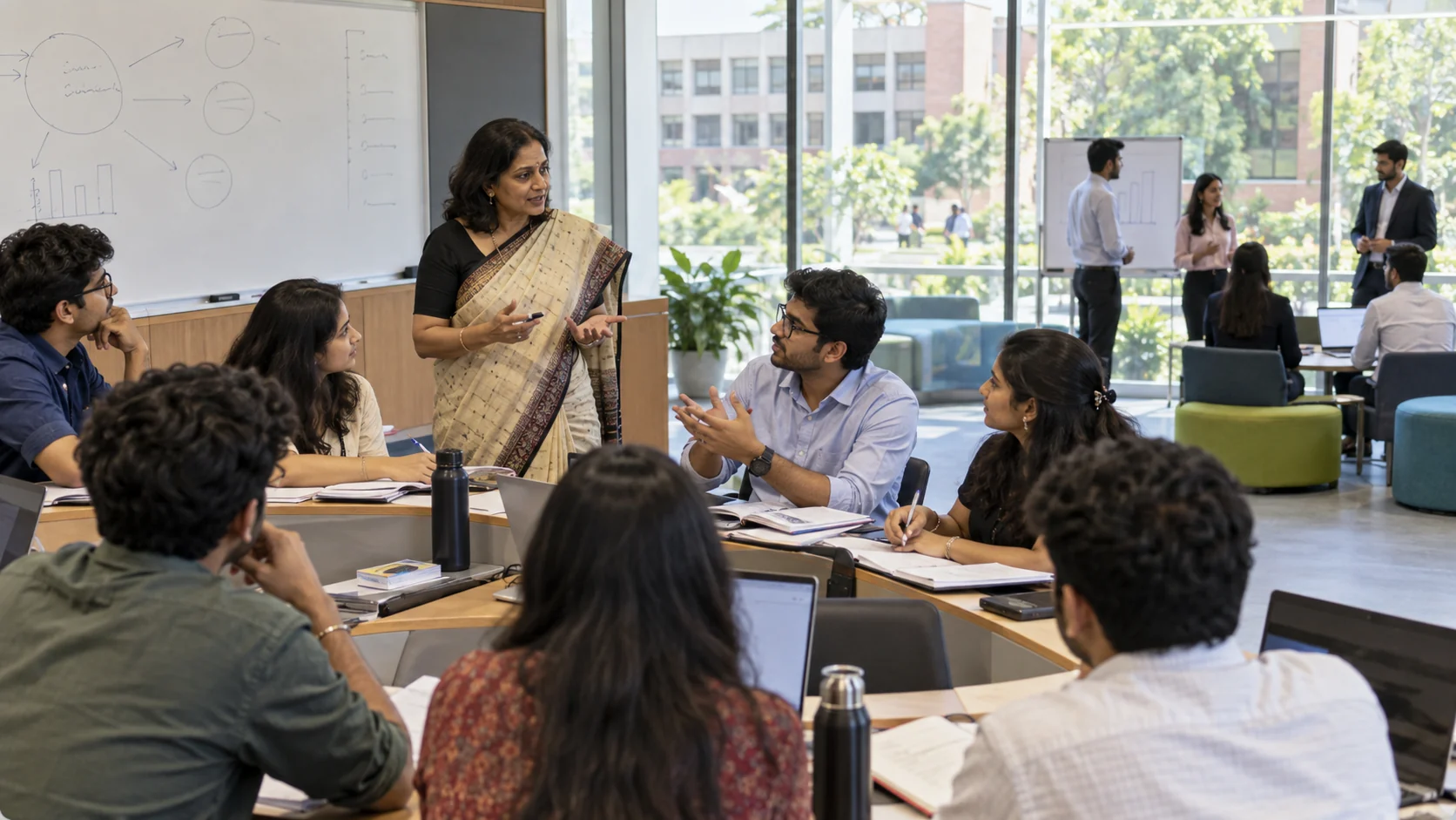 Indian management students and faculty engaged in a case discussion and career-preparation activity on campus.
