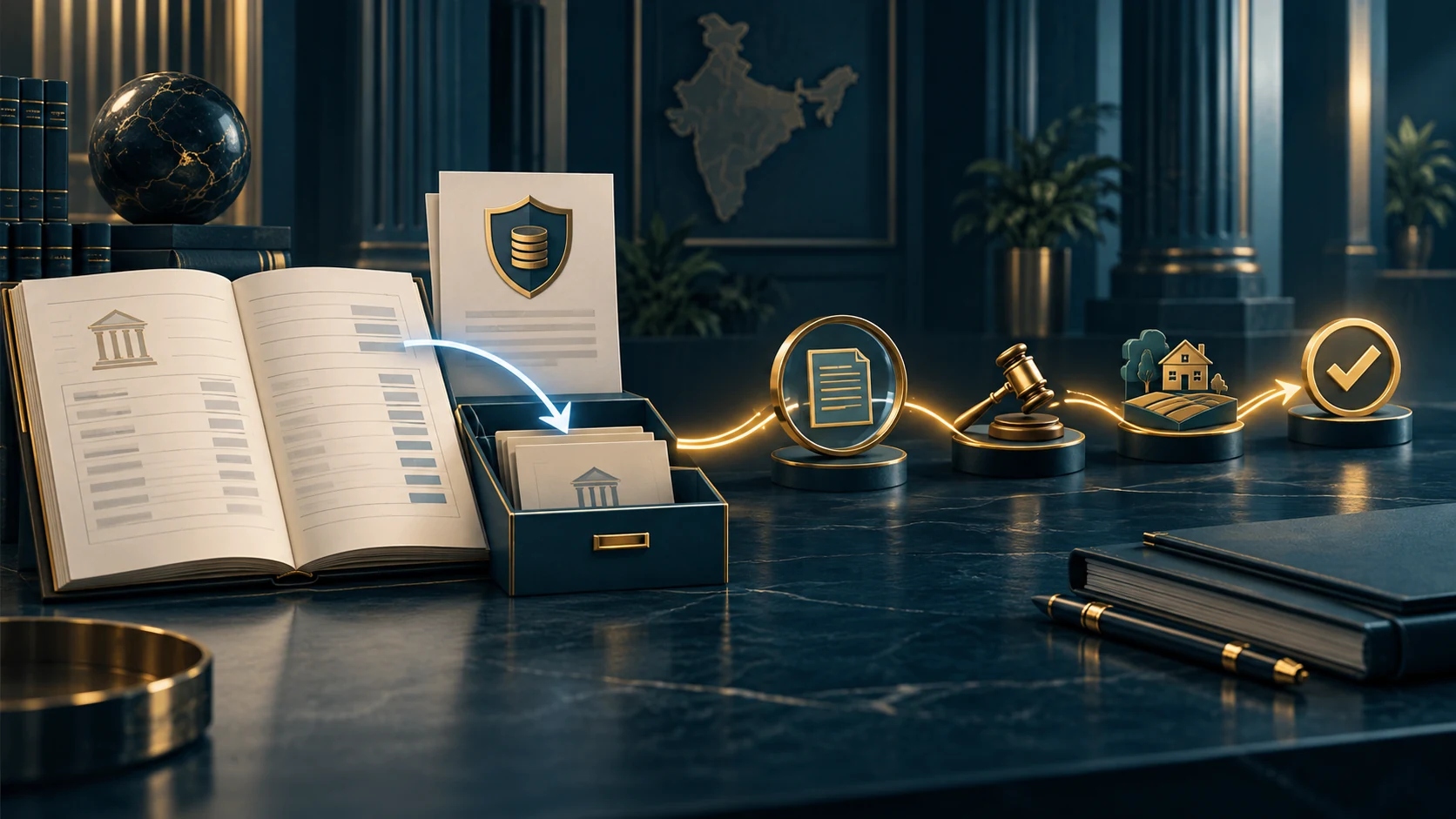Editorial illustration of a loan moving out of a bank ledger while a separate legal and asset-recovery path continues in India.